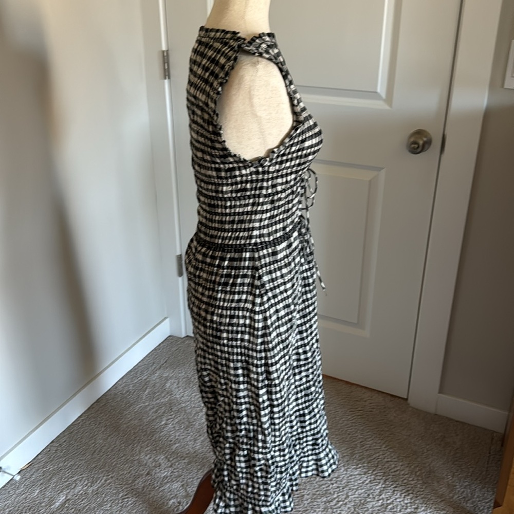 DÔEN Rosella Smocked Plaid Knee-Length Dress Black White Gingham Medium - Picture 6 of 11